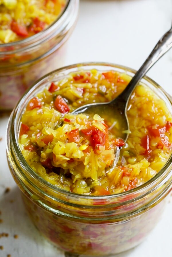 Ramp and Pepper Relish Recipe in glass jar.