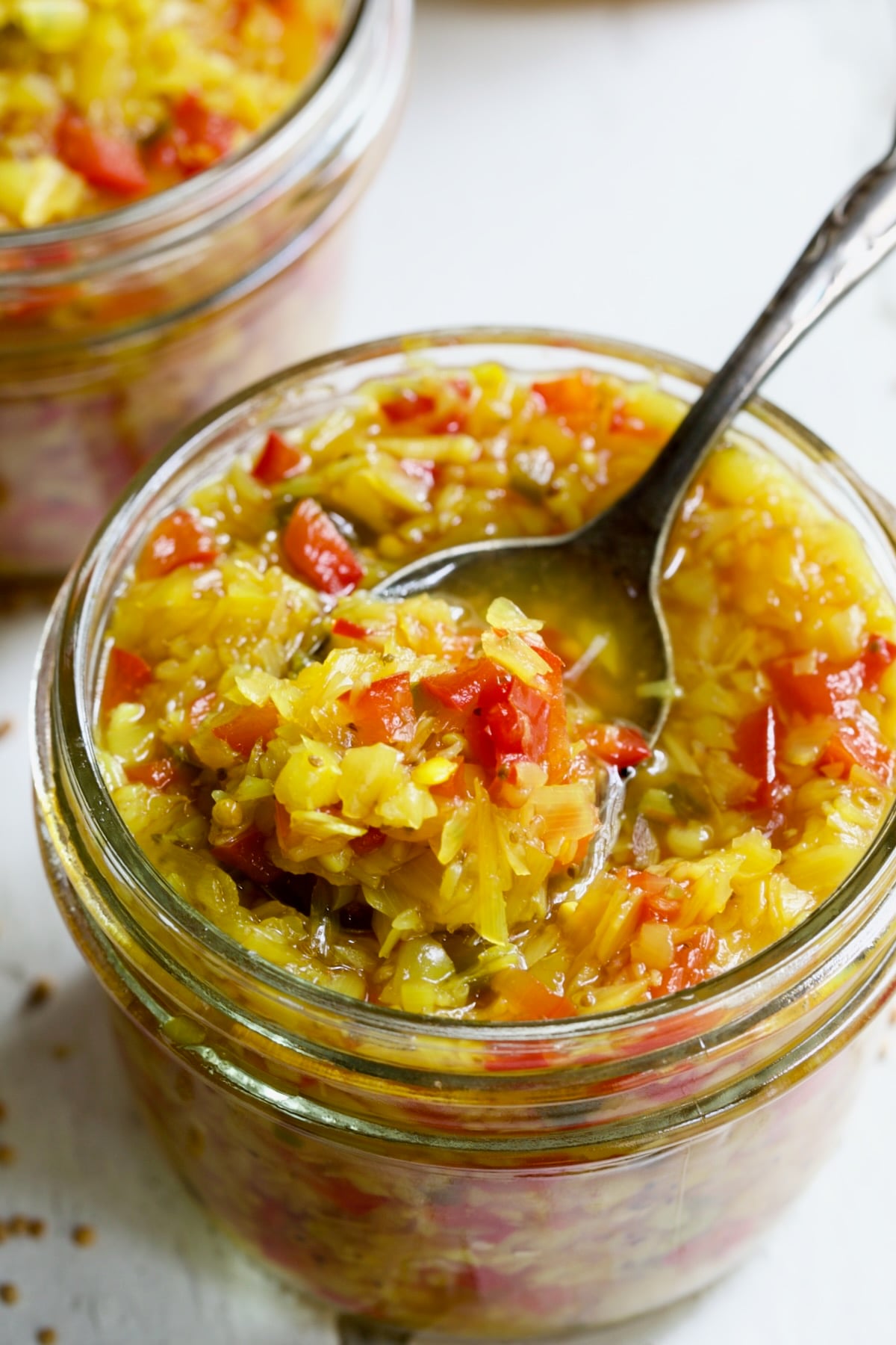 Ramp and Pepper Relish Recipe in glass jar.