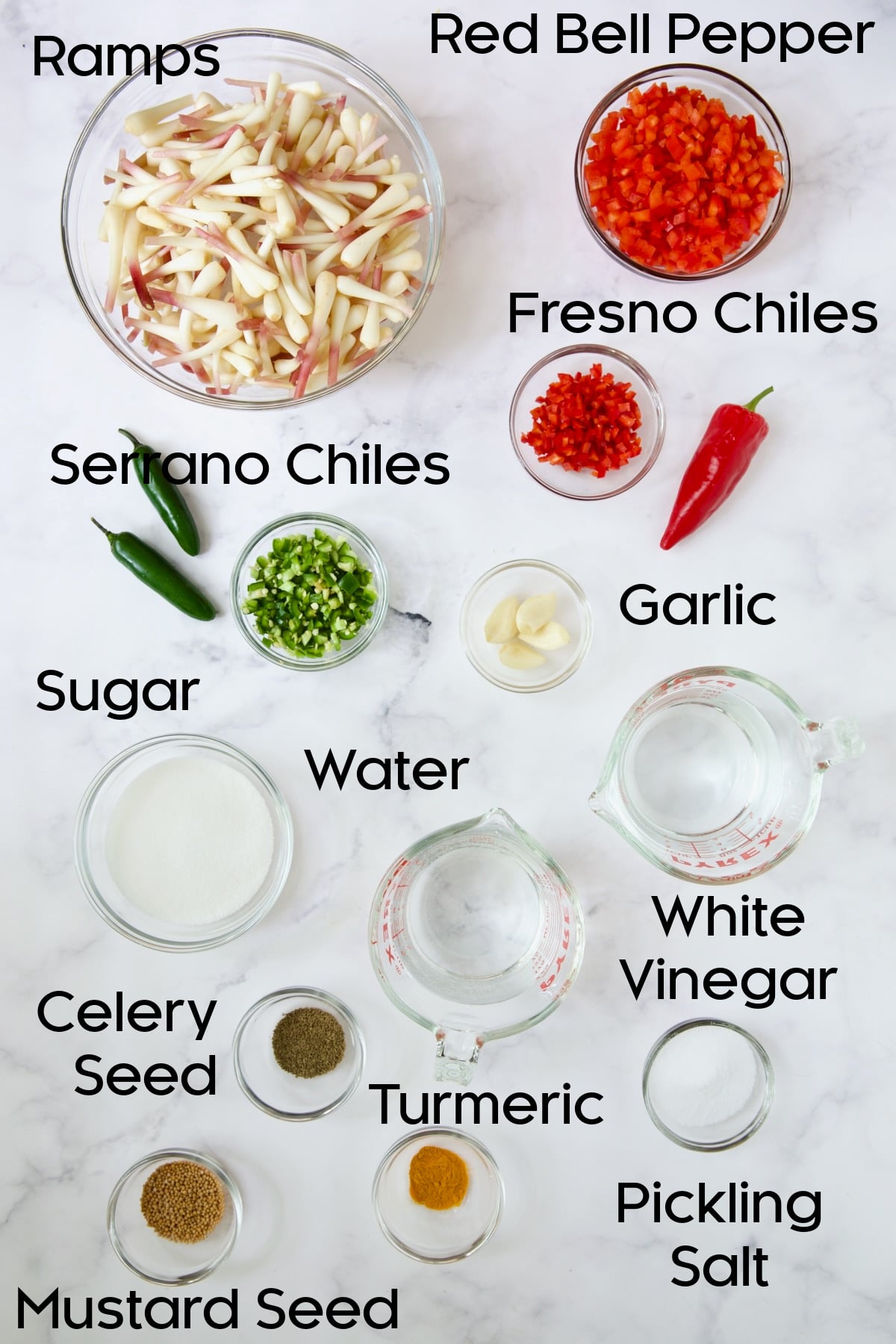 Ingredients for Ramp and Pepper Relish Recipe in glass bowls.