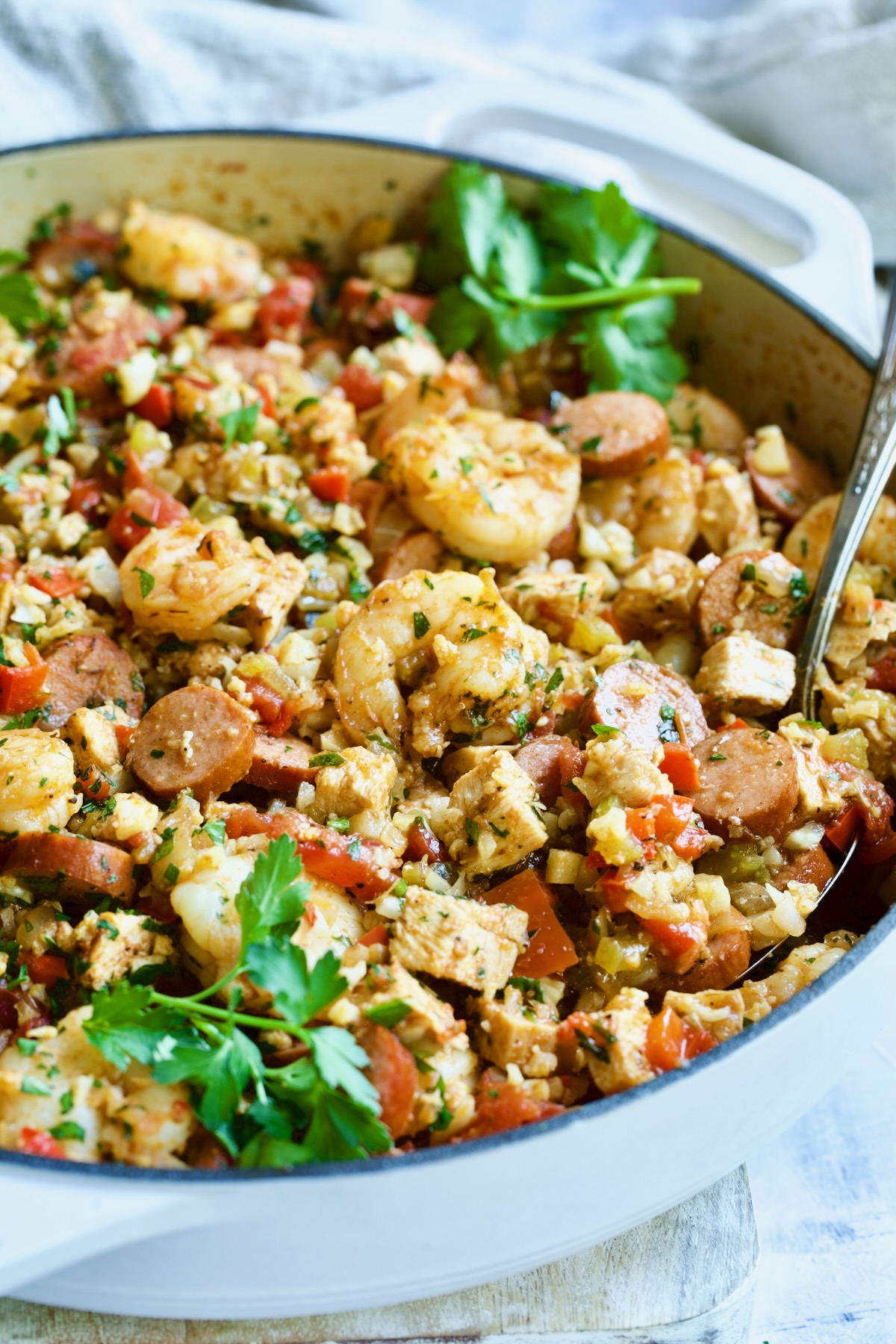 Low-Carb Jambalaya with Chicken Shrimp and Sausage.