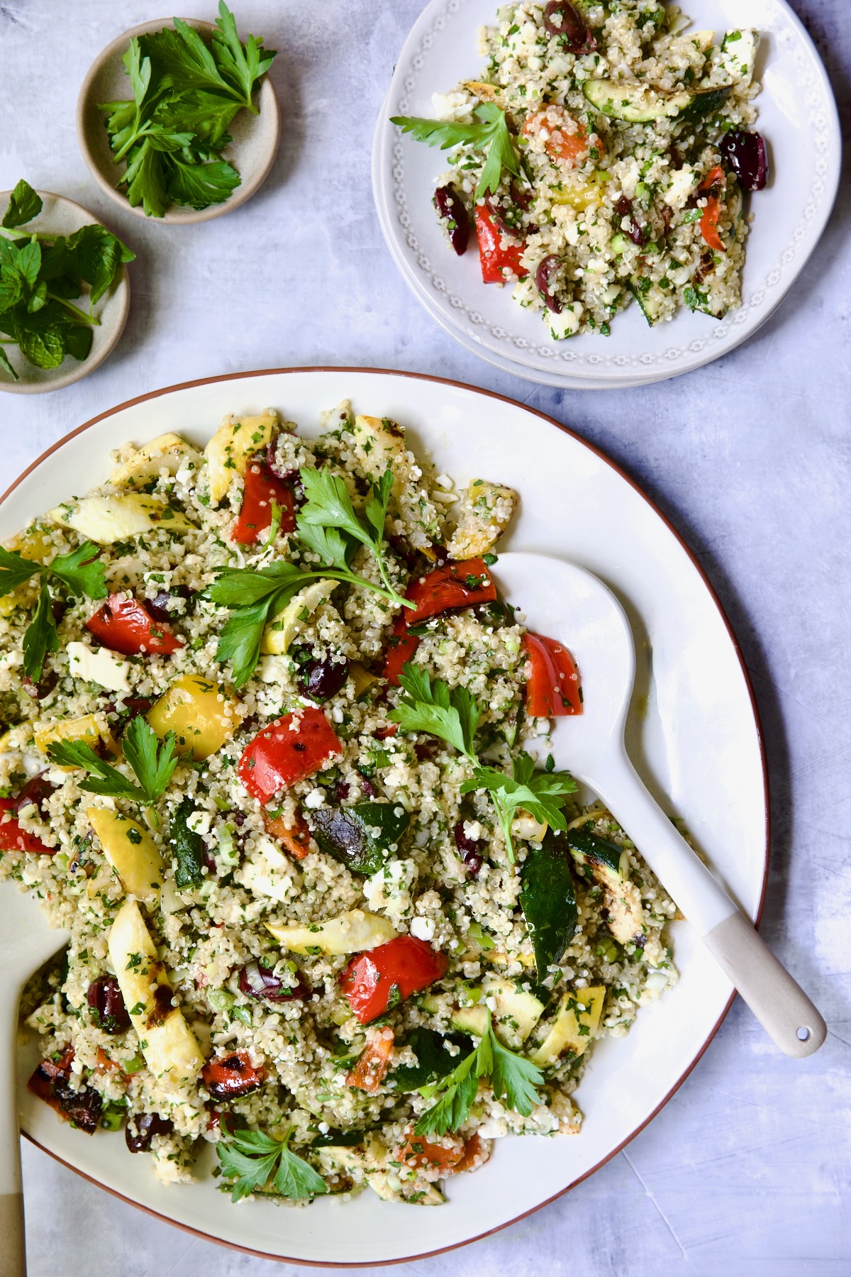 Mediterranean Quinoa Salad with Grilled Vegetables on white platter with some served up on small white plate.