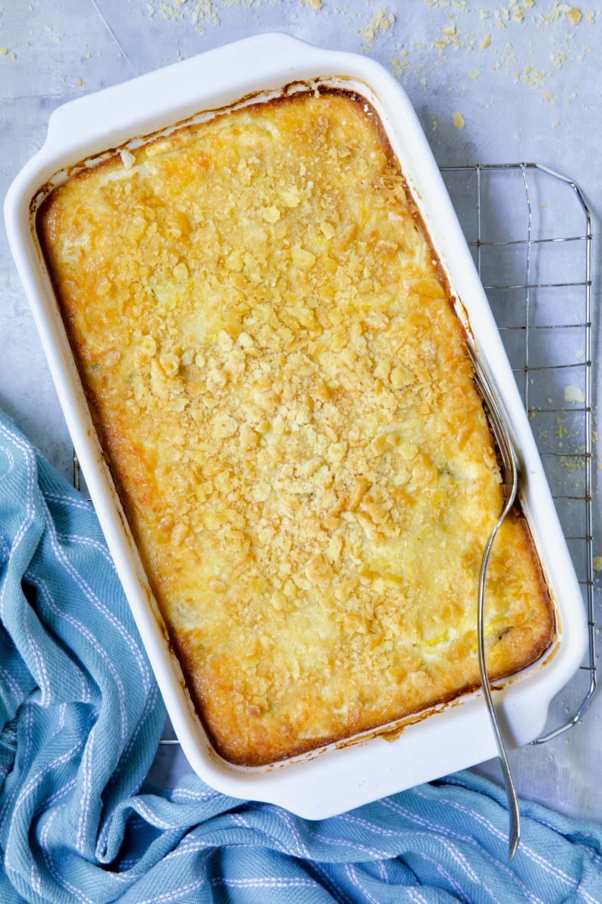 Freshly baked Southwestern Summer Squash Casserole.