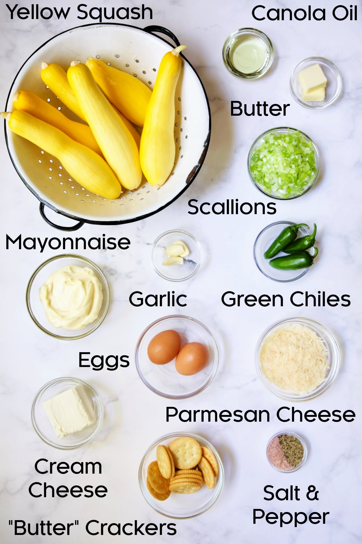 Ingredients for Southwestern Summer Squash Casserole in glass bowls.