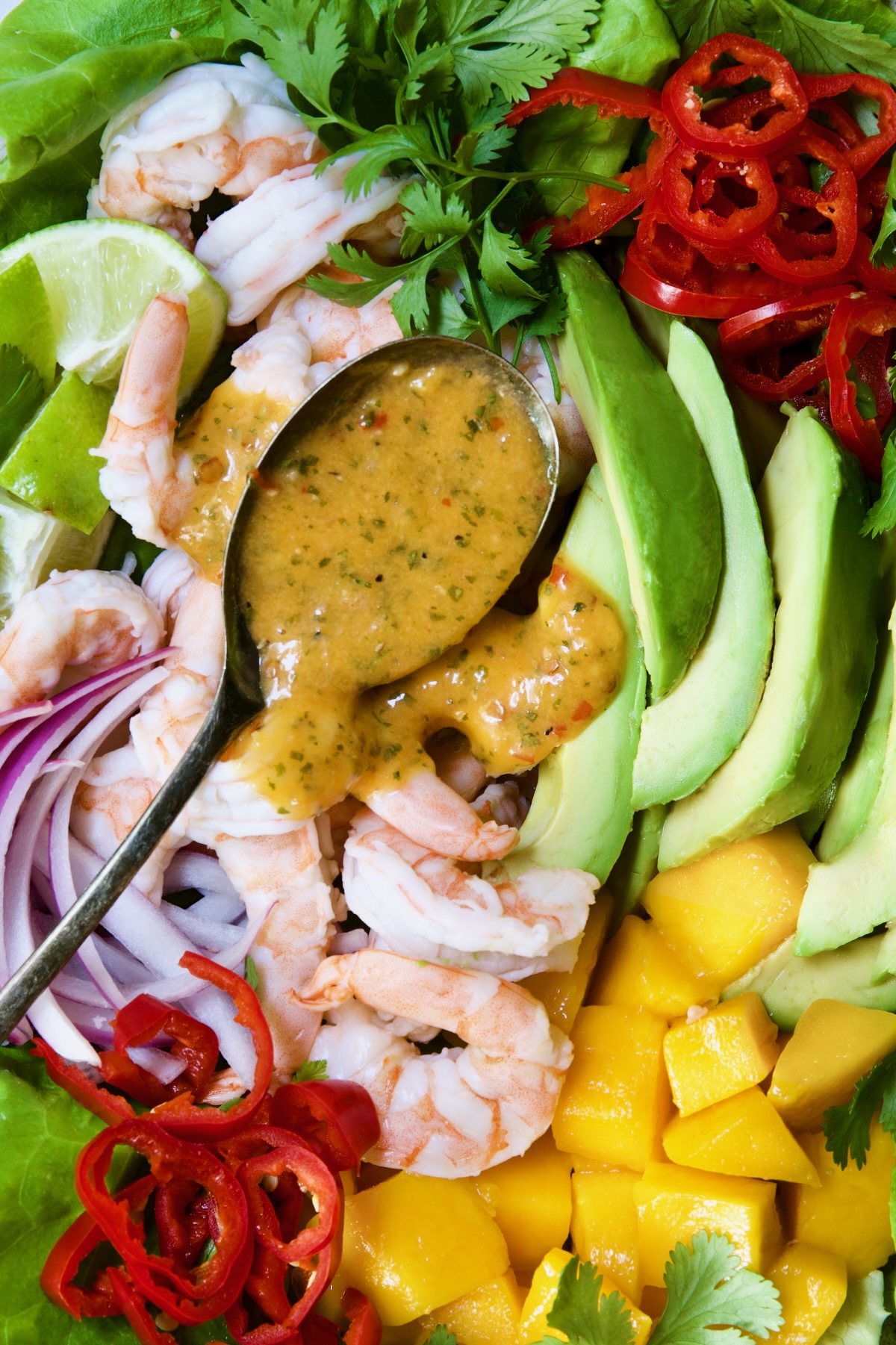 Spoonful of salad dressing poured over salad.