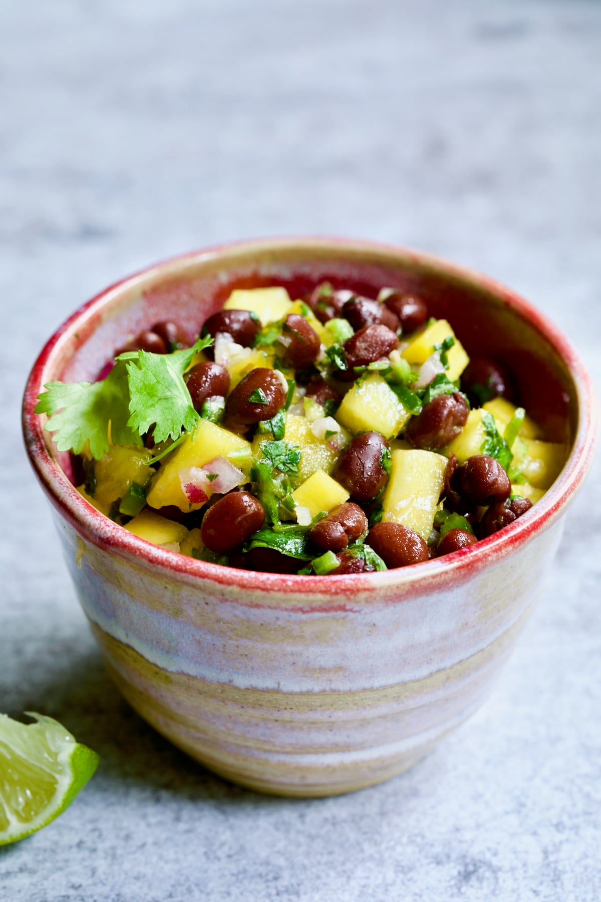 Bowl of Mango Black Bean Salsa garnished with cilantro sprig.