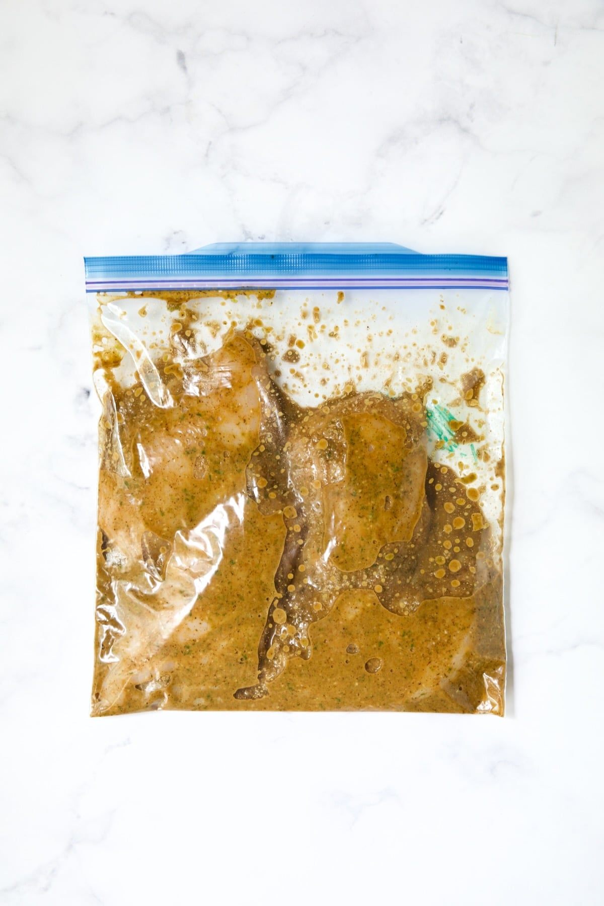 Chicken in marinade in gallon-size zipper-top bag.