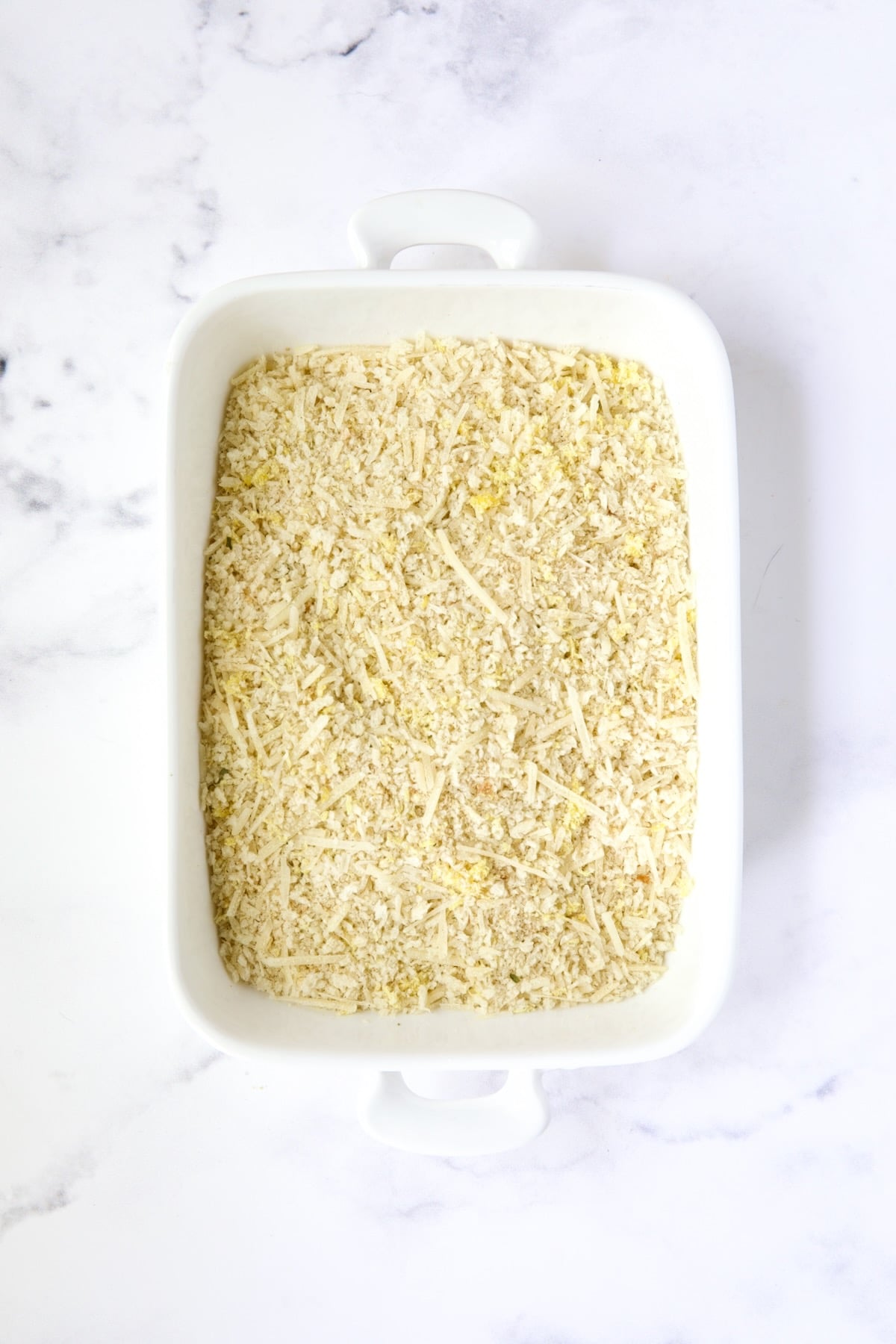 Breadcrumb combination in white rectangular dish.