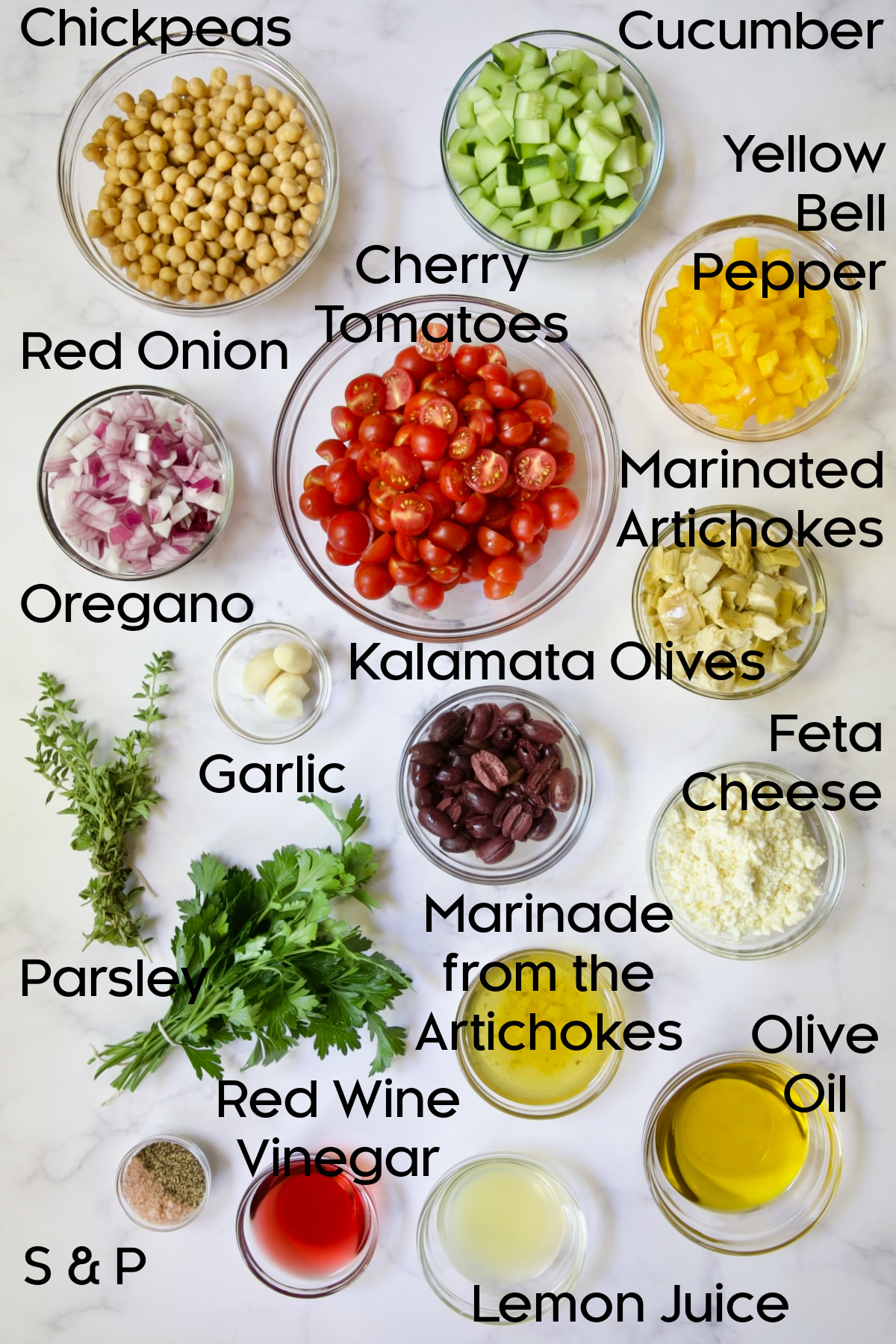 Ingredients in glass bowls.