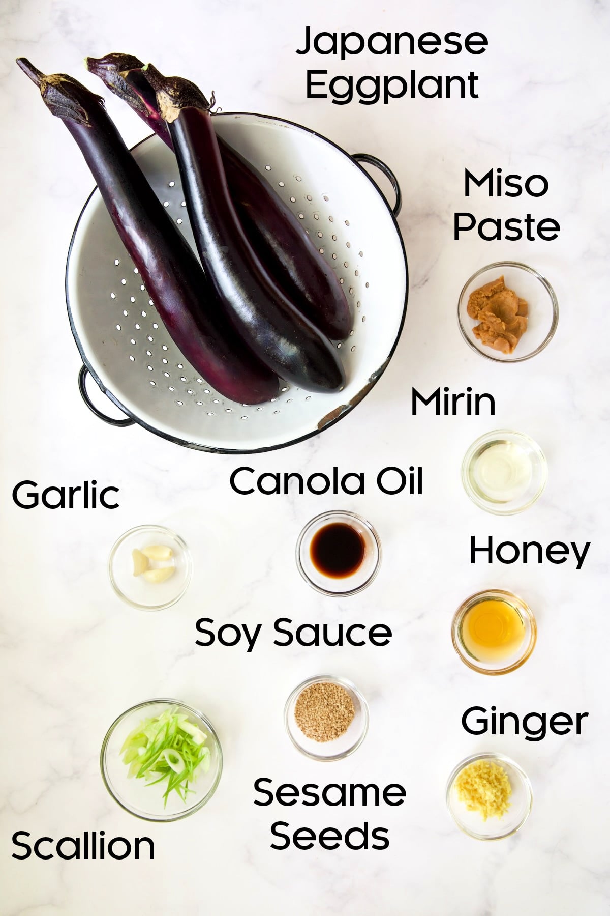 Ingredients for Miso-Glazed Eggplant in glass bowls.