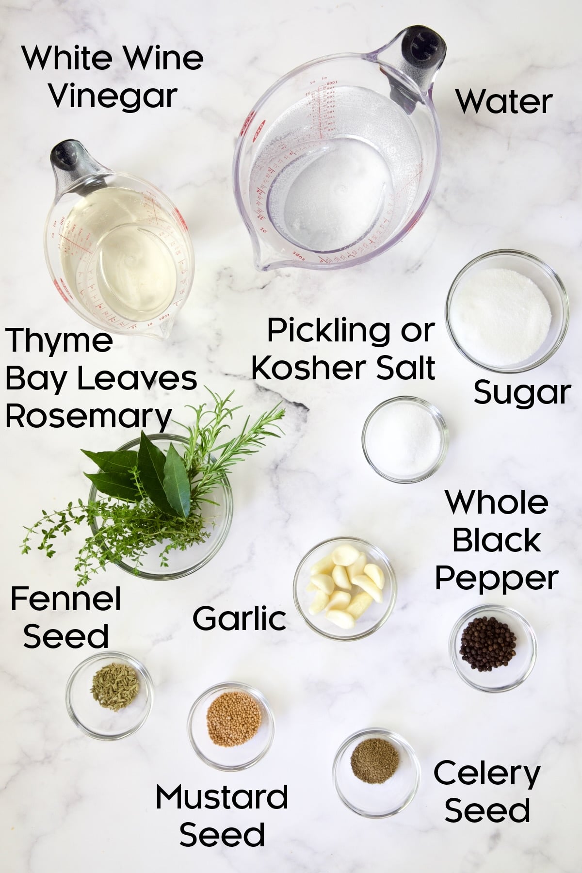 Ingredients for brine in glass bowls.