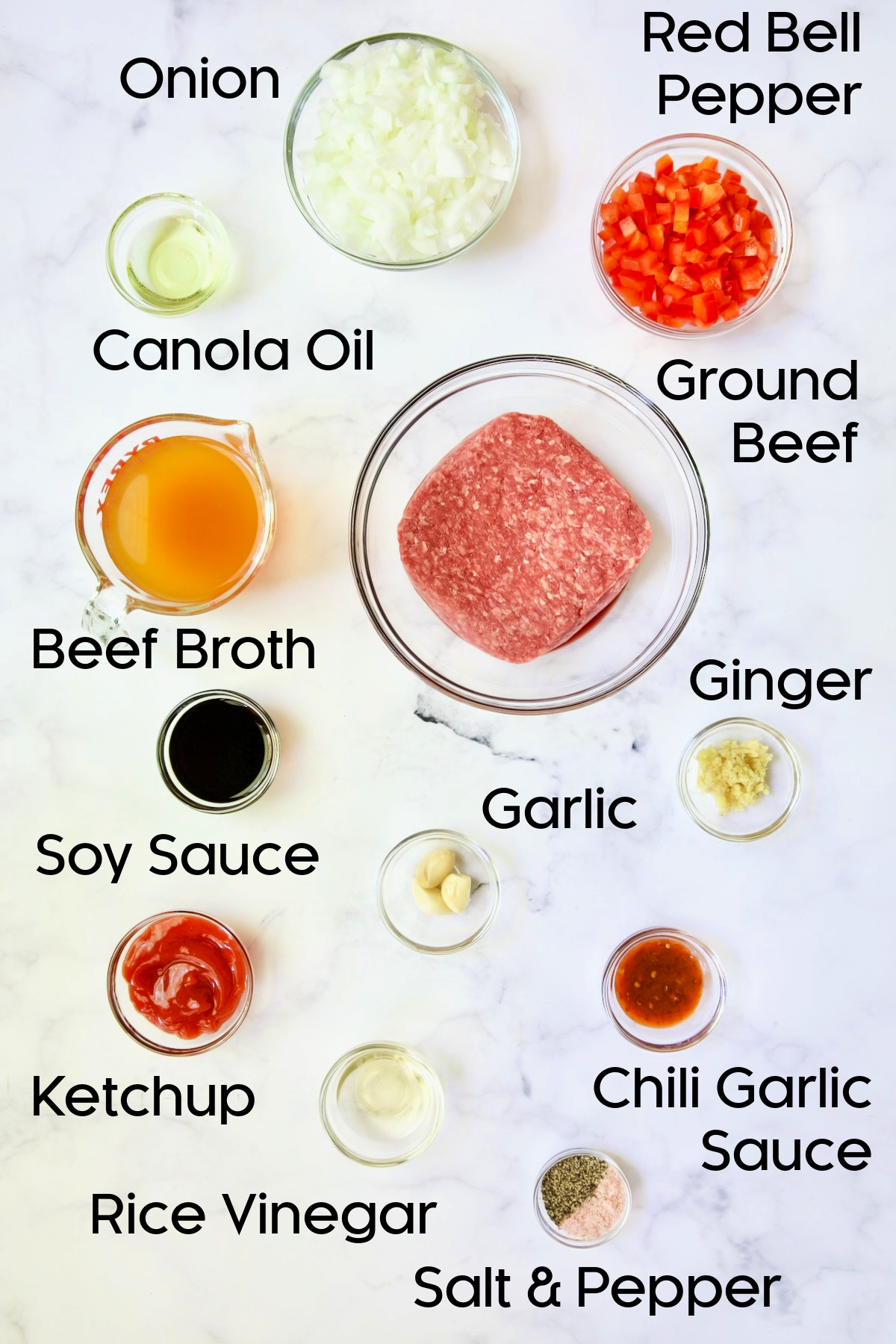 Ingredients for Beef Lettuce Wraps in glass bowls.