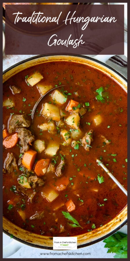 Hungarian Goulash in white Dutch oven.