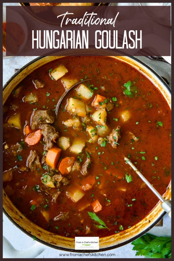 Hungarian Goulash in white Dutch oven.