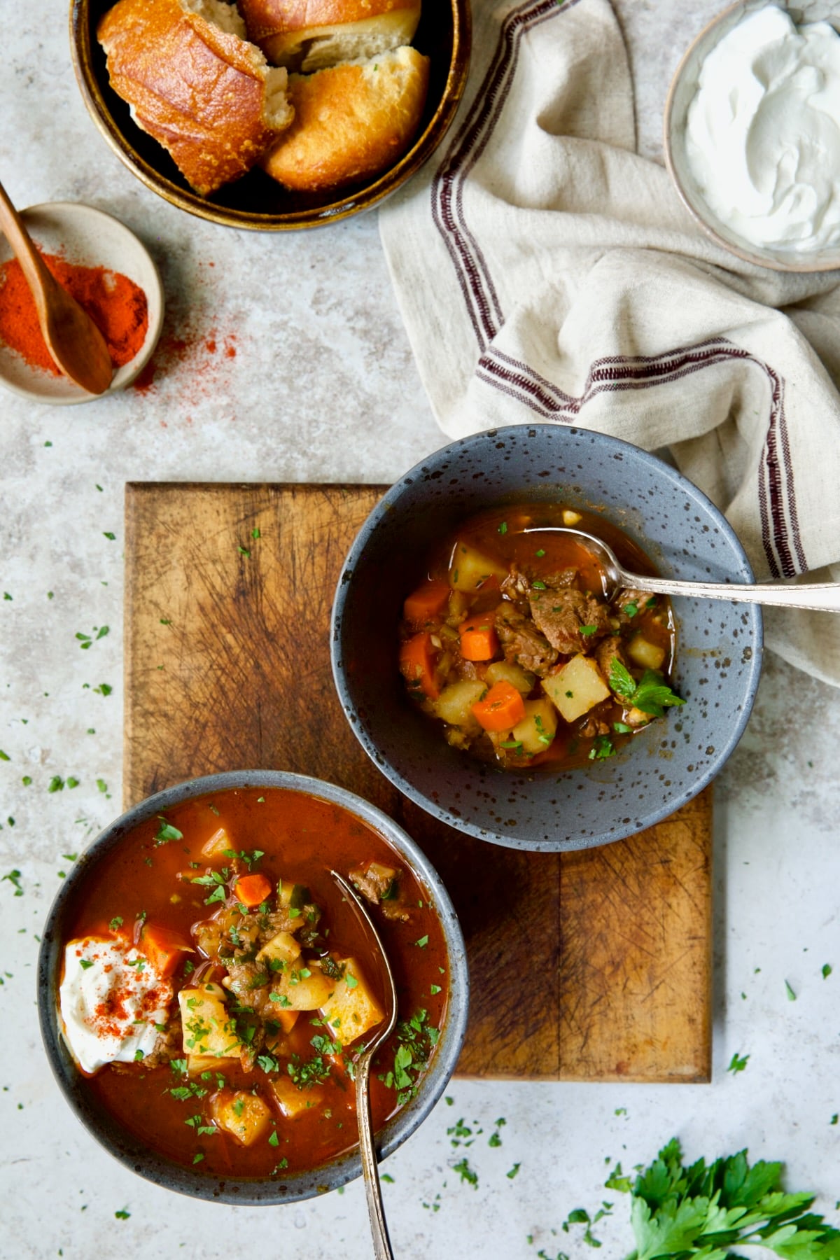 Two bowls of Traditional Hungarian Goulash Soup Recipe