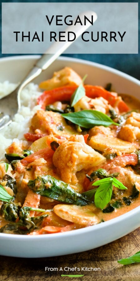 Pinterest graphic for Vegan Thai Red Curry showing it in a white bowl with rice.