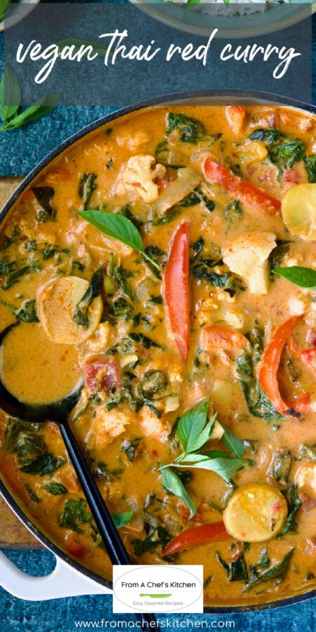 Pinterest graphic for Vegan Thai Red Curry showing it in a white enamel cast iron skillet.