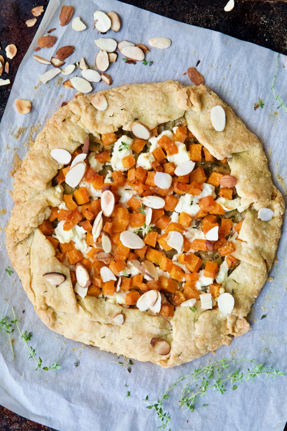 Baked Butternut Squash Leek and Goat Cheese Galette before being sliced.