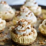 Easy Mini No-Bake Pumpkin Cheesecakes on antique silver platter.