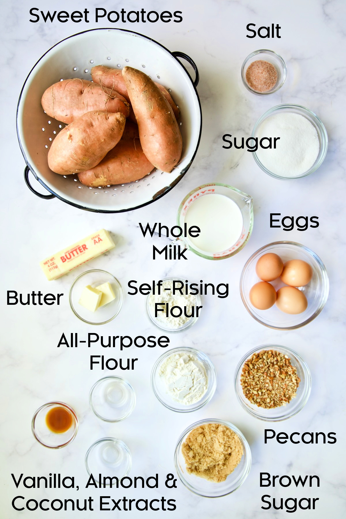 Ingredients for Sweet Potato Souffle in glass bowls.