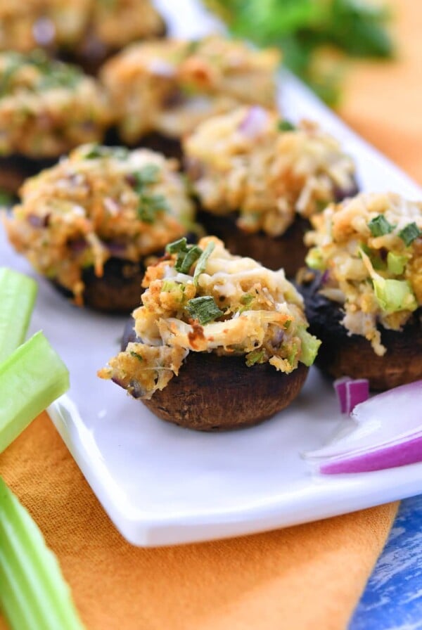 Crab-Stuffed Mushrooms on white rectangular plate.
