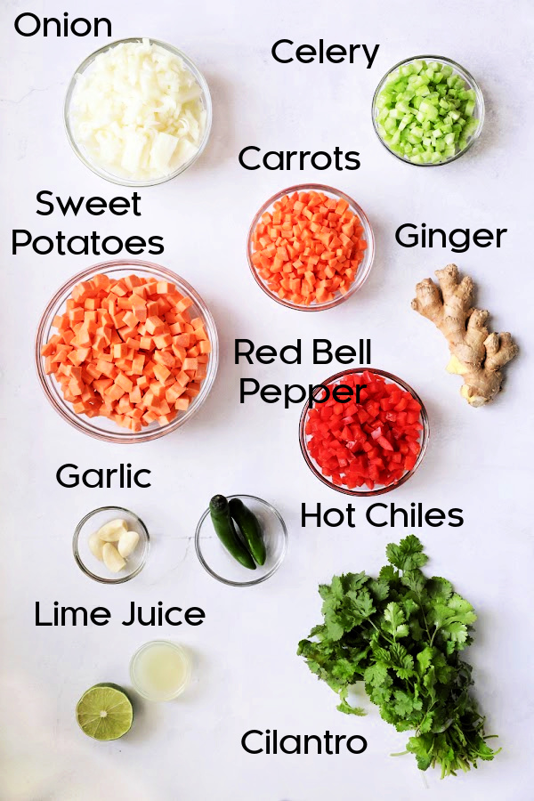 Ingredients for Spicy Chicken, Sweet Potato and Peanut Soup in glass bowls.