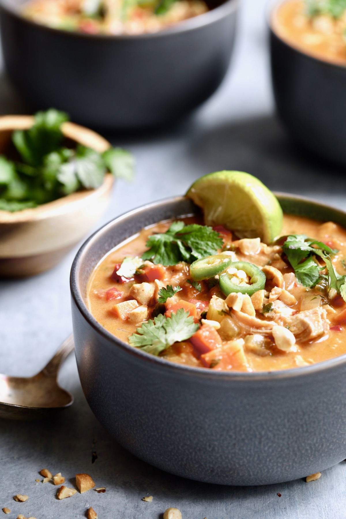 One bowl of Spicy Chicken, Sweet Potato and Peanut Soup in gray bowl.
