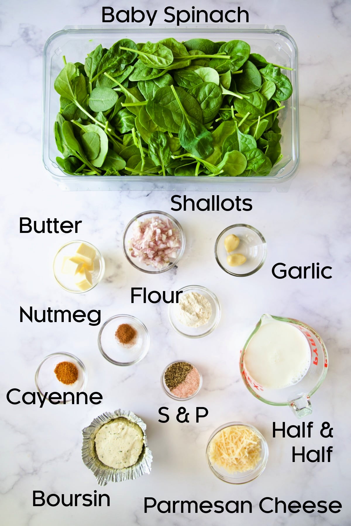 Ingredients for Steakhouse Creamed Spinach in glass bowls.