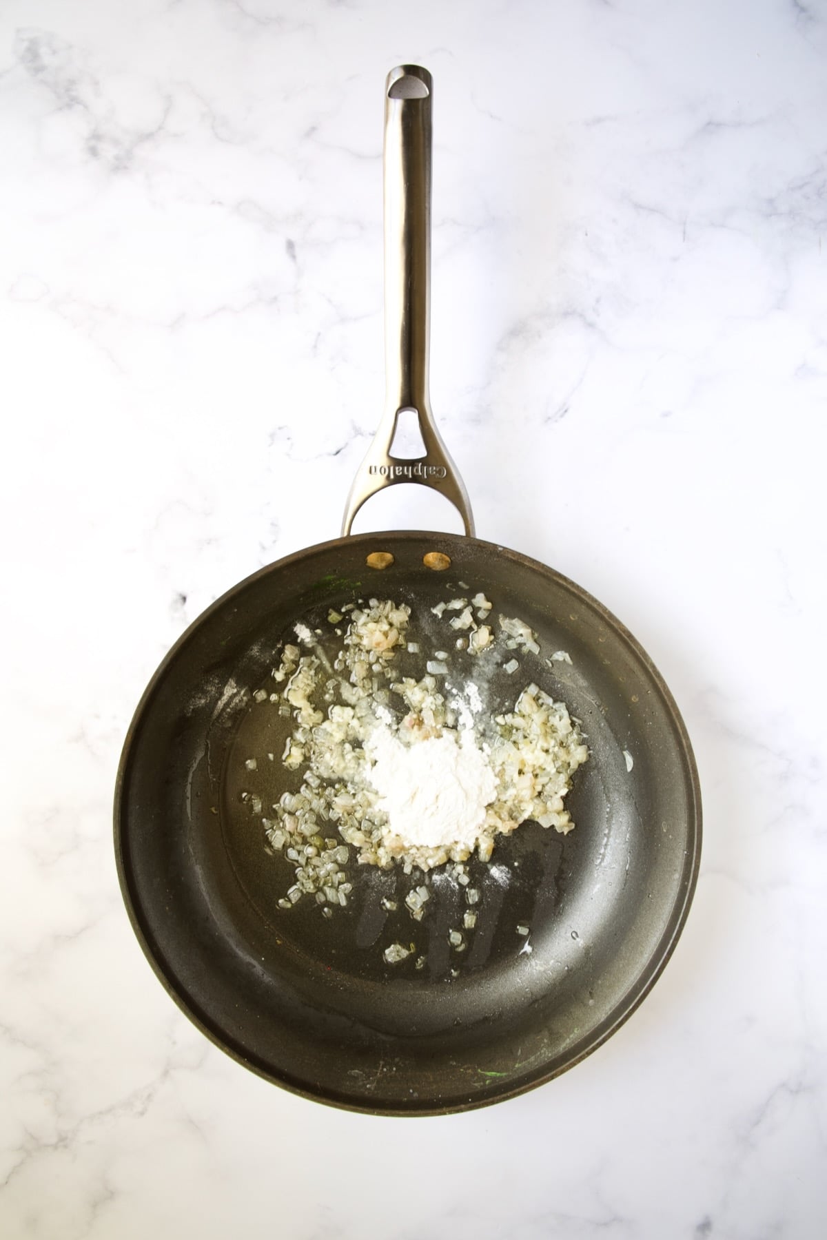 Cooked shallots in butter in nonstick skillet with flour added.