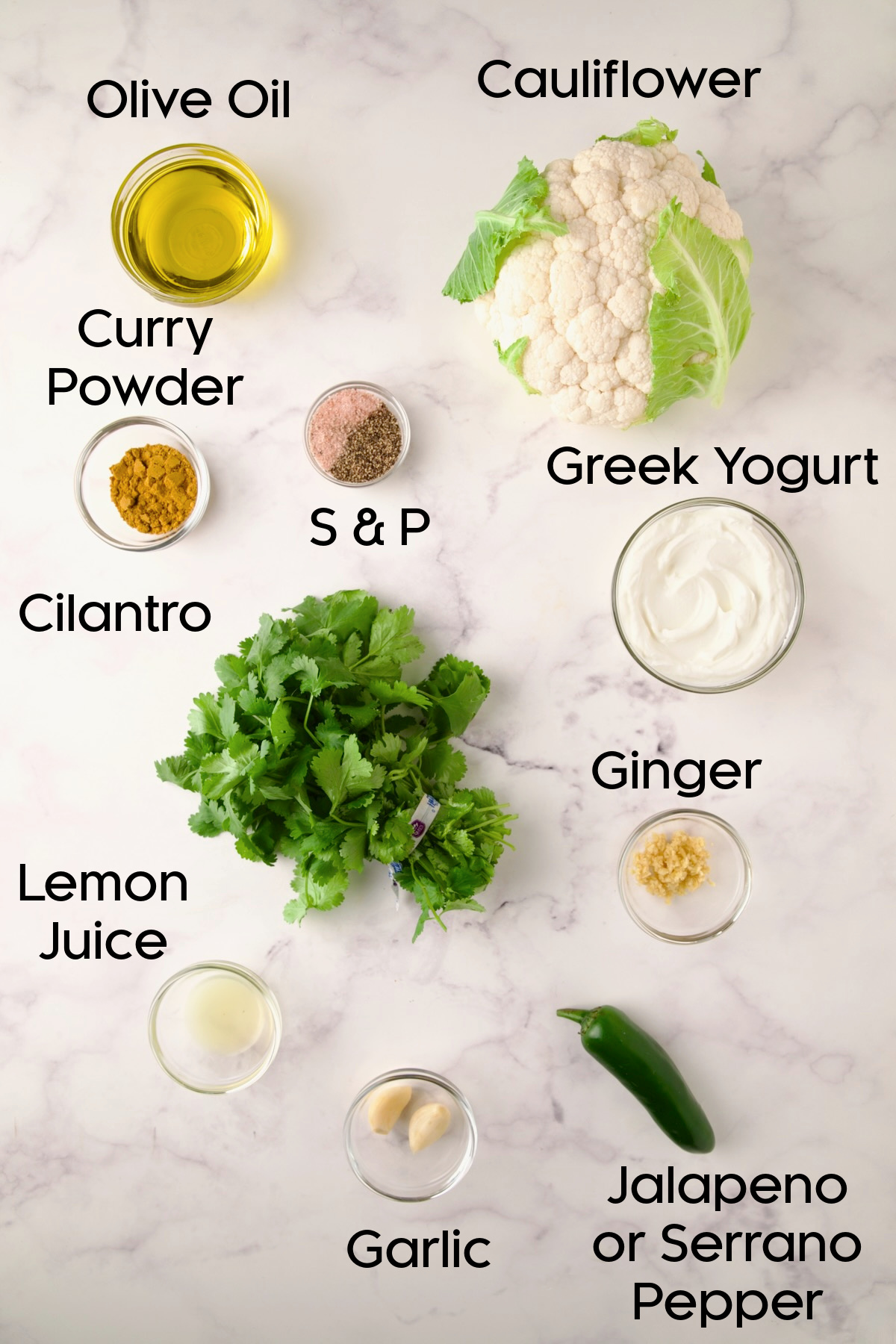 Ingredients for Curry Roasted Cauliflower Wedges with Cilantro Chutney in glass bowls.