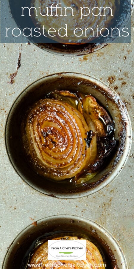 Pinterest graphic for Muffin Pan Roasted Onions showing close-up of a roasted onion in a muffin pan.