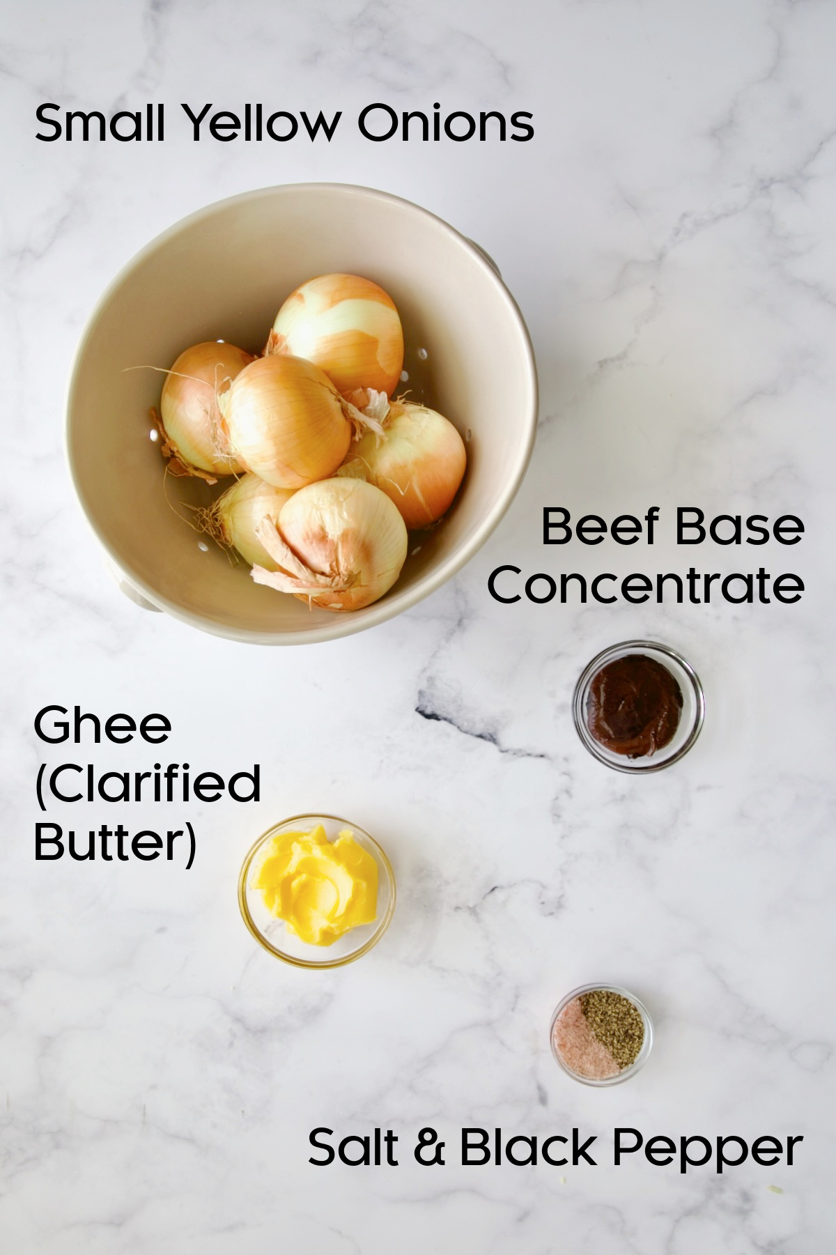 Ingredients for Roasted Onions in glass bowls.