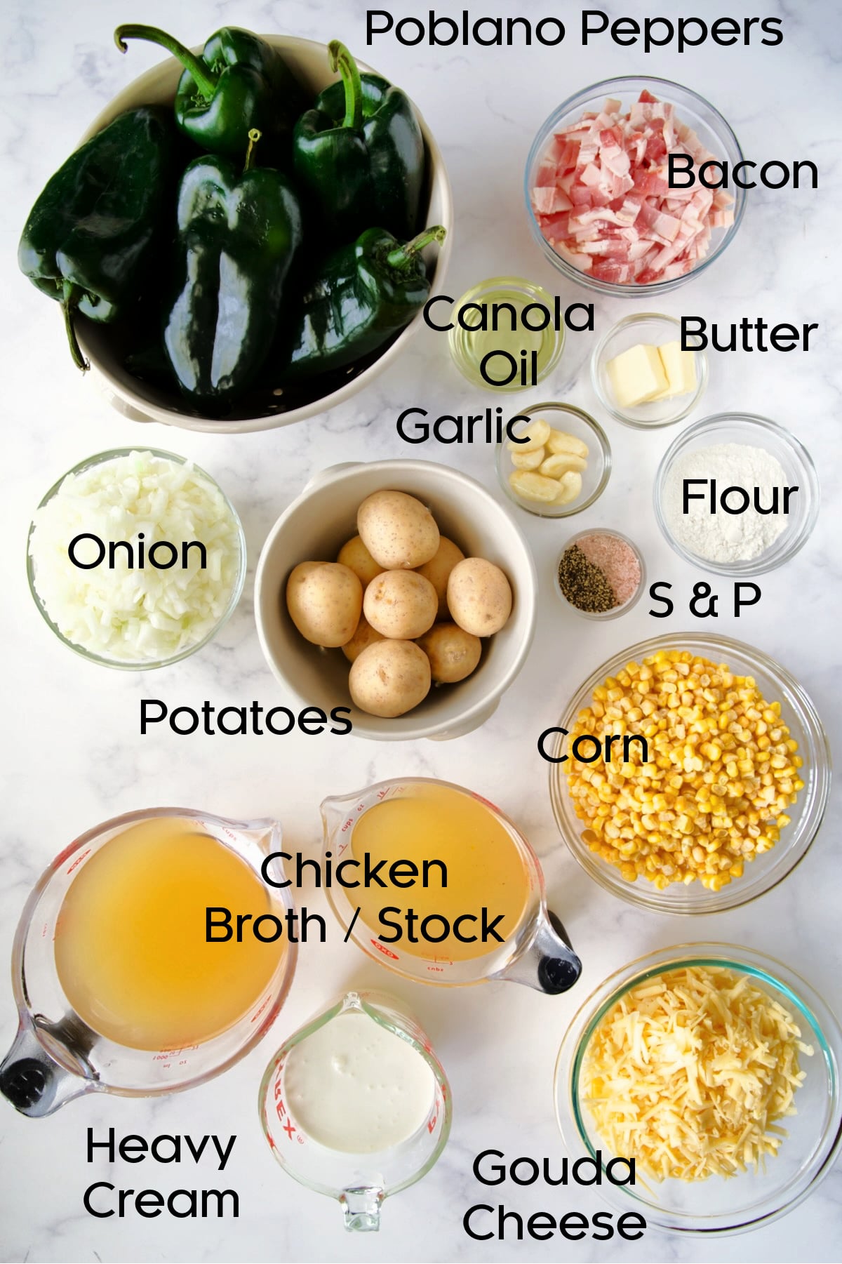 Ingredients for Roasted Poblano Corn Chowder in glass bowls.