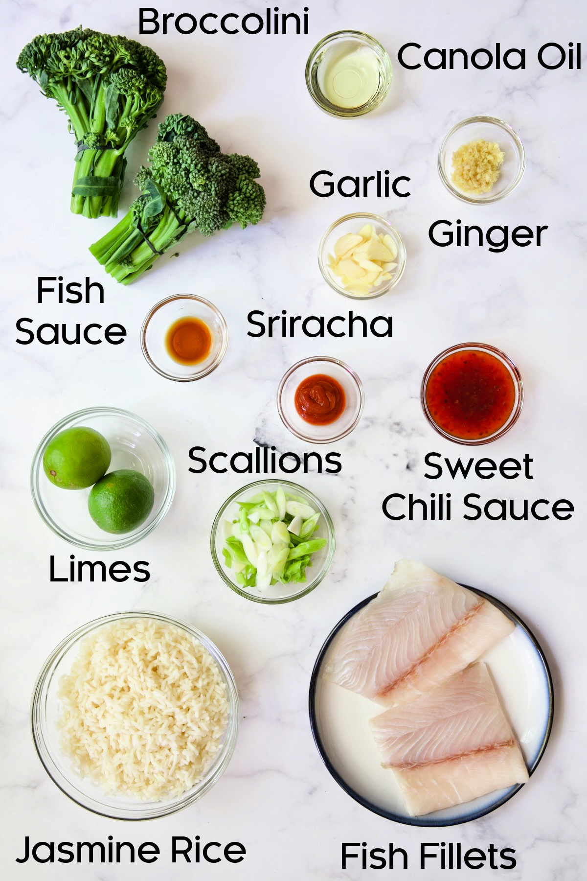 Ingredients for Sheet Pan Thai Baked Fish with Broccolini in glass bowls.
