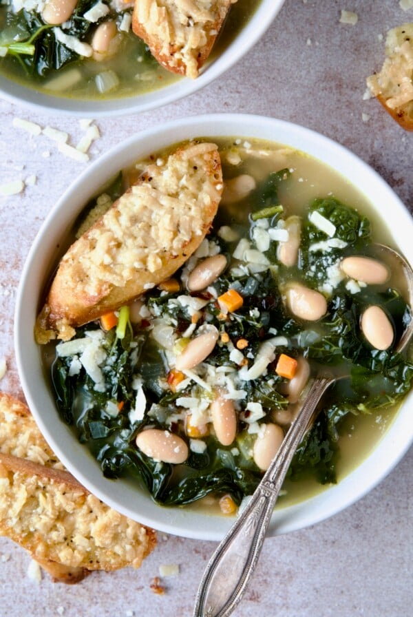 One bowl of White Bean Kale Soup with Parmesan Toast.