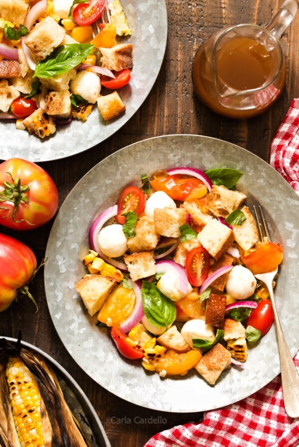 Grilled Corn Panzanella Salad in metal bowl.