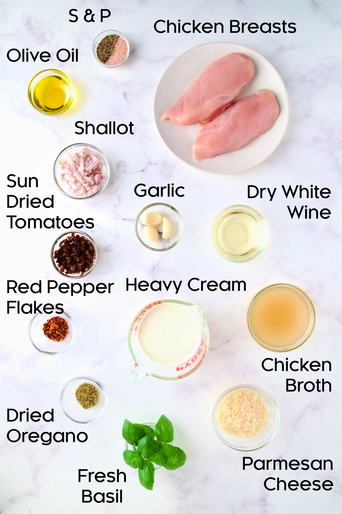 Ingredients for Marry Me Chicken in glass bowls.