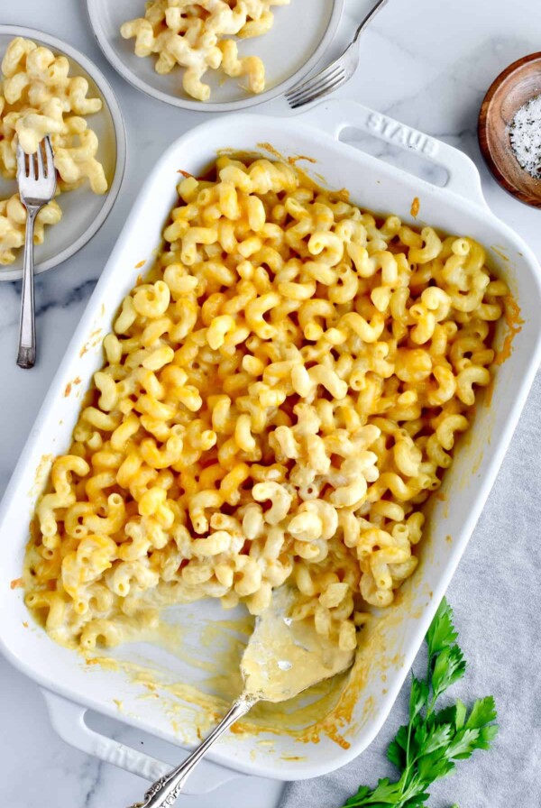 Macaroni and cheese in rectangular baking dish.