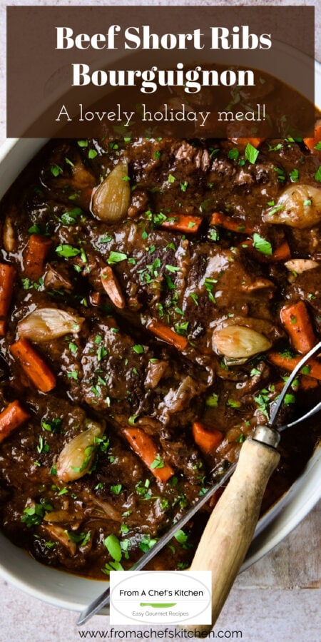 Pinterest graphic for Beef Short Ribs Bourguignon showing it in an oval serving dish.