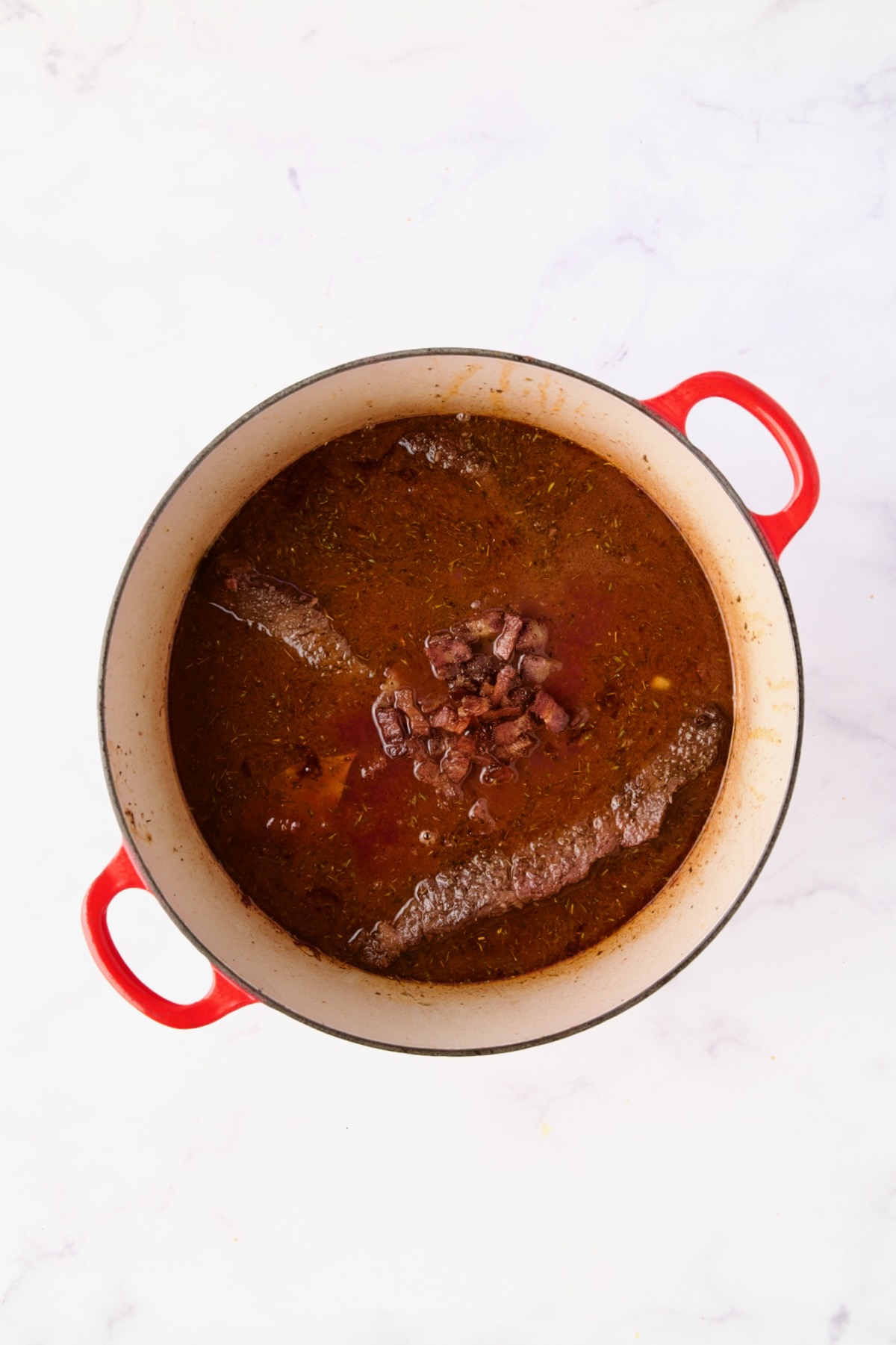 Recipe before being braised in red Dutch oven.