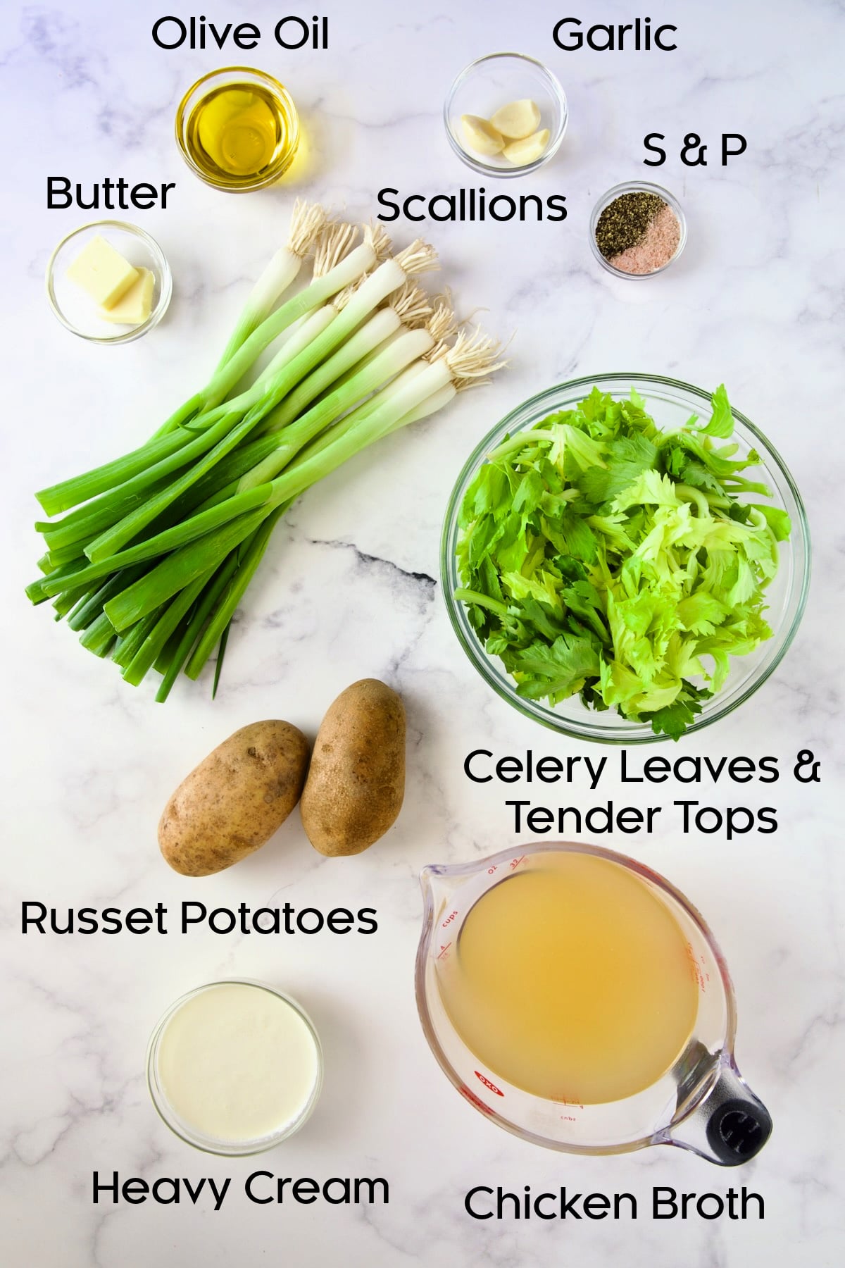 Ingredients for Cream of Celery Soup in glass bowls.