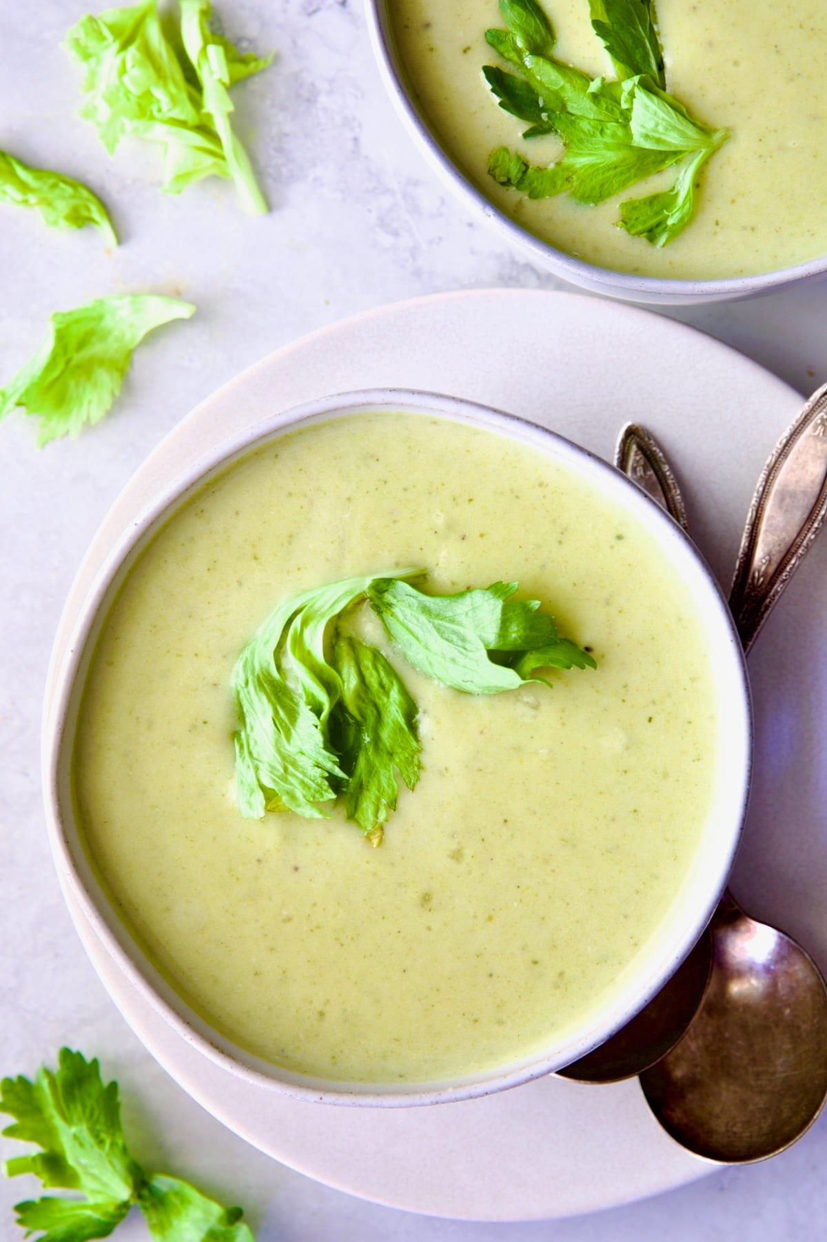Cream of Celery Soup in white bowl on white plate with antique spoons.