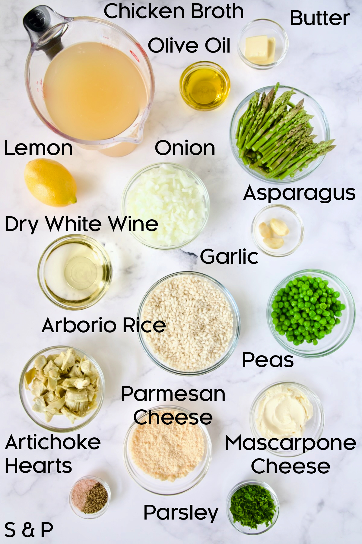Ingredients for Easy Risotto Recipe with Spring Vegetables in glass bowls.
