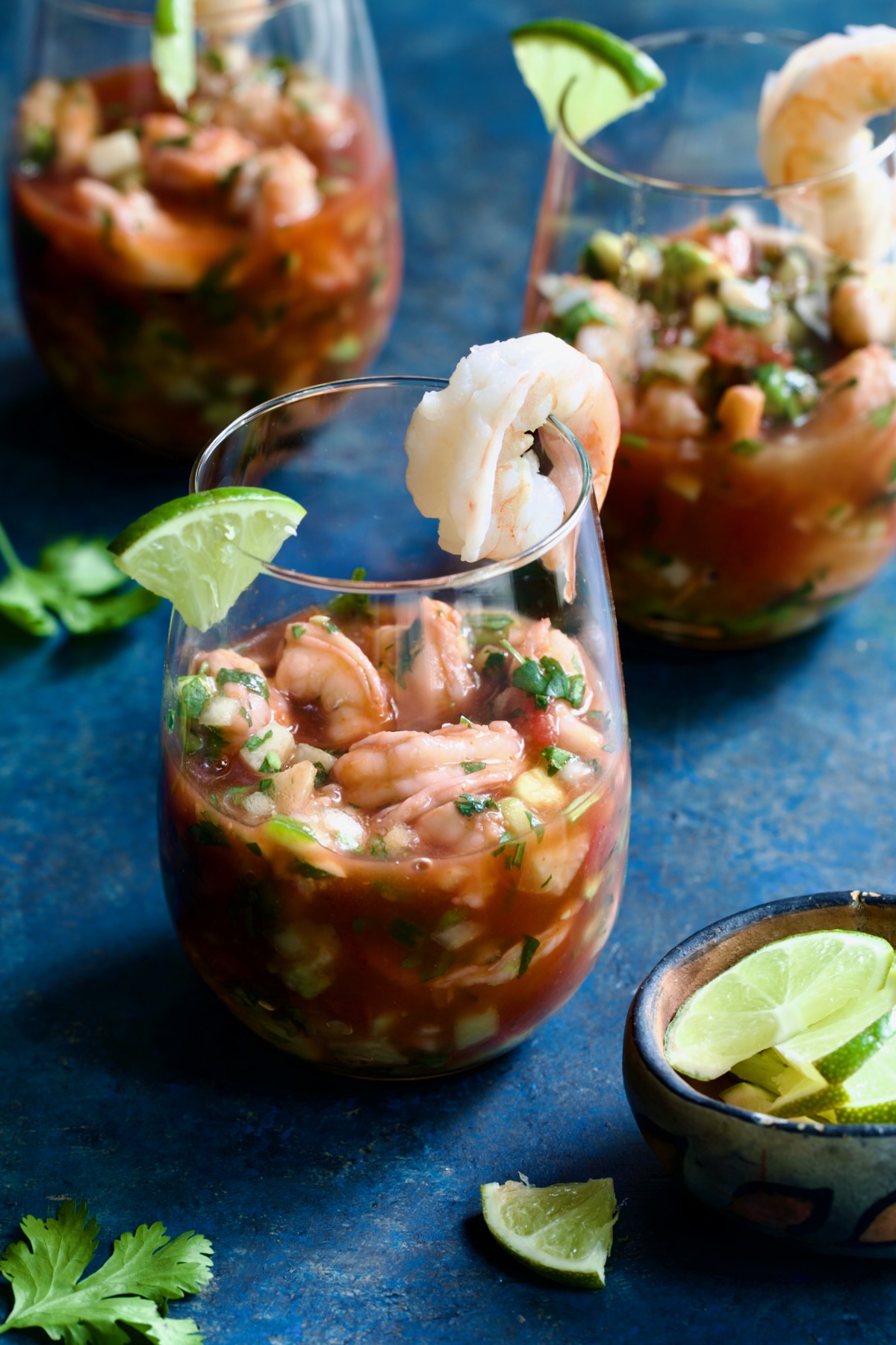 Three glasses of Mexican Shrimp Cocktail.