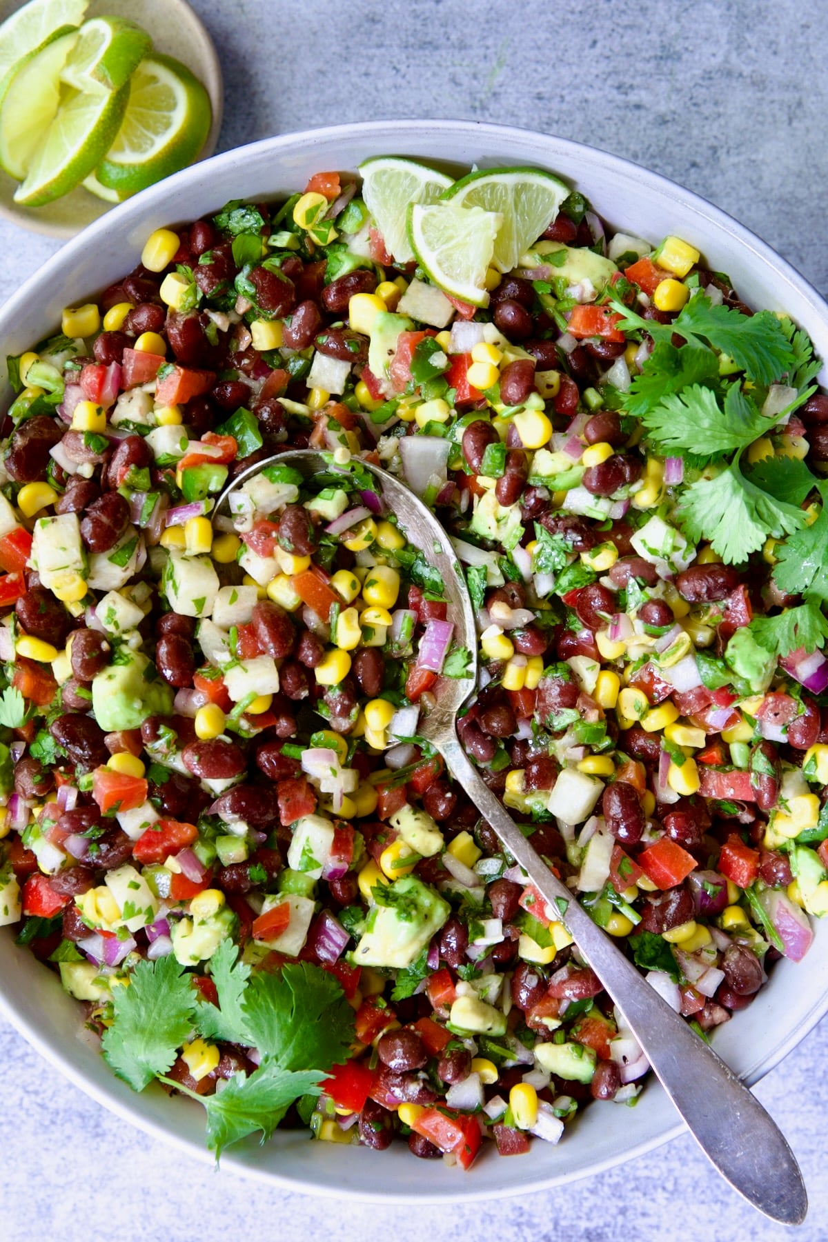 Southwestern Salad with serving spoon in white bowl with lime wedges.