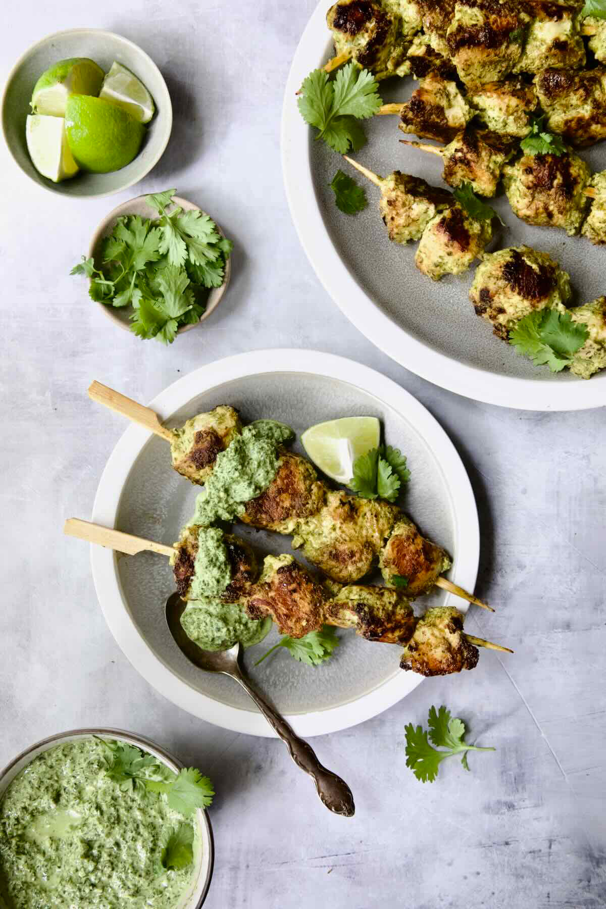 Two Yogurt Marinated Grilled Chicken Skewers with Cilantro Mint Chutney on white and gray plate.