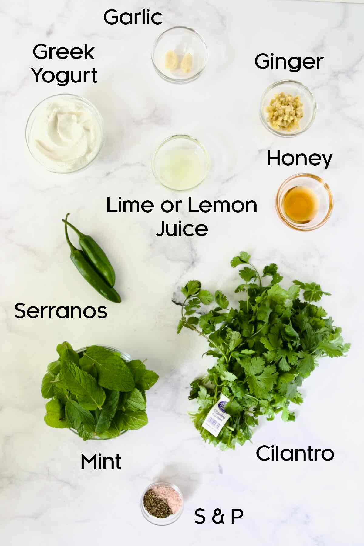 Ingredients for Cilantro Mint Chutney in glass bowls.
