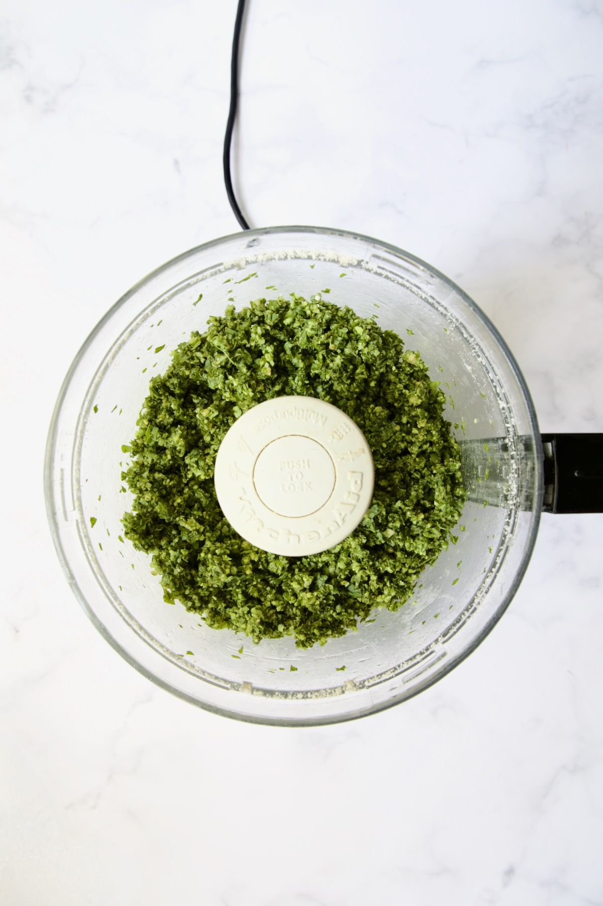 Chopped basil, pine nuts, garlic and cheese in food processor.