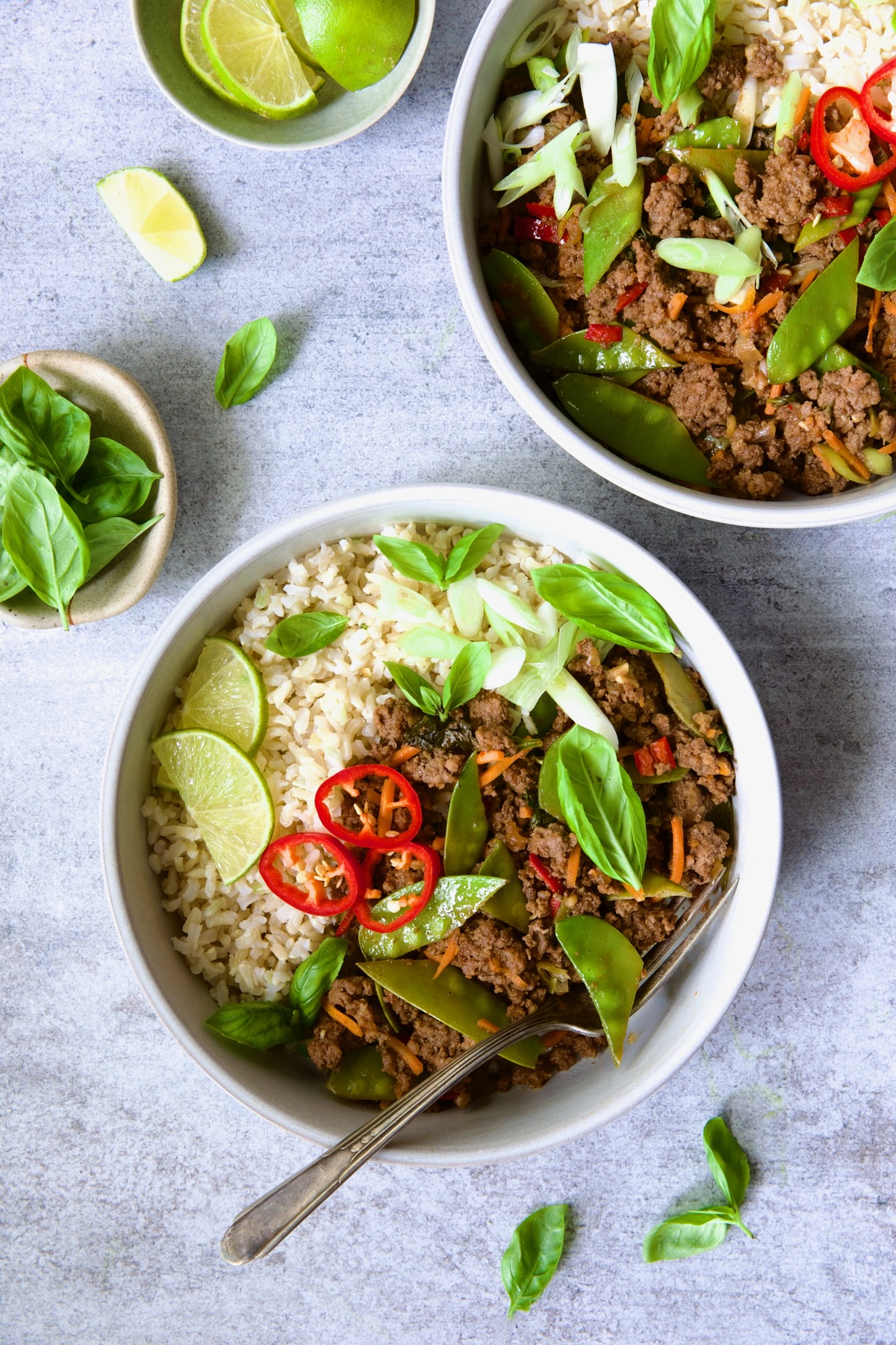 Two bowls of Thai Basil Beef.