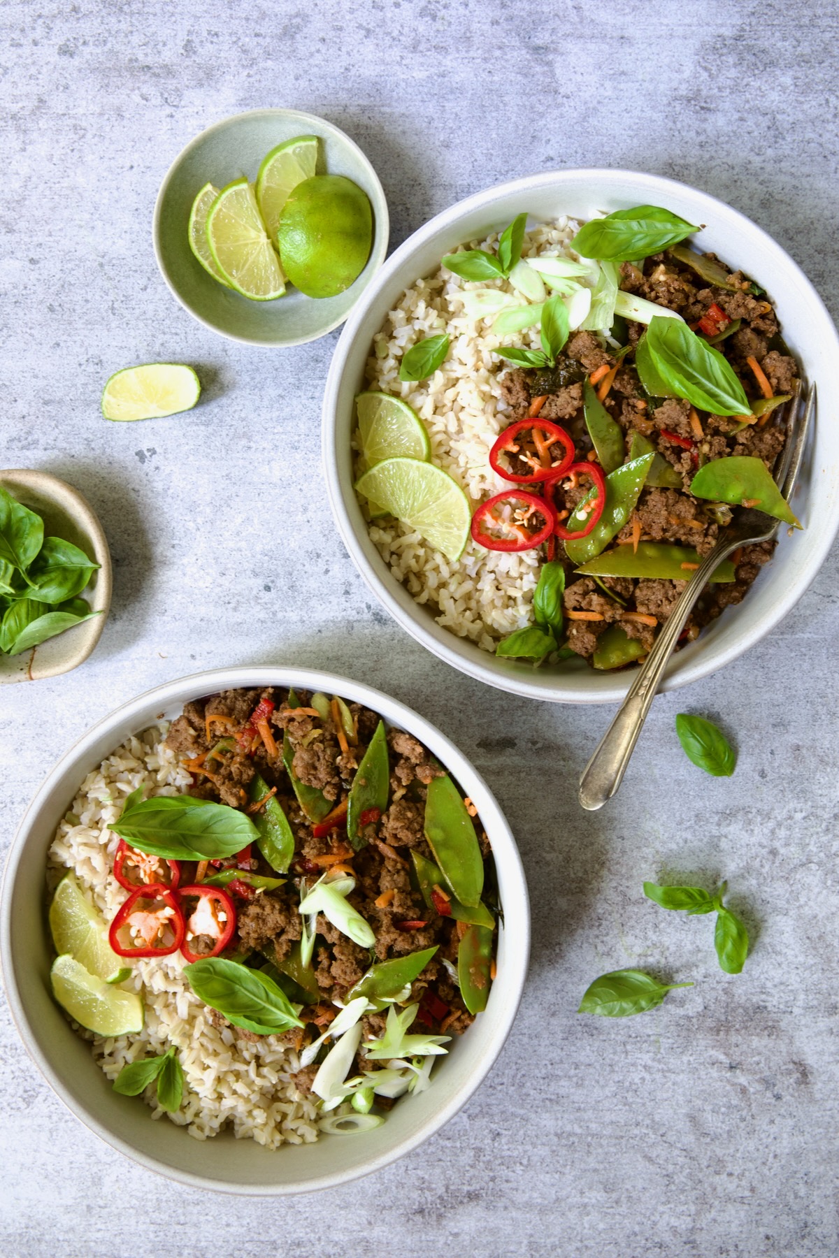 Two bowls of Thai Basil Beef.