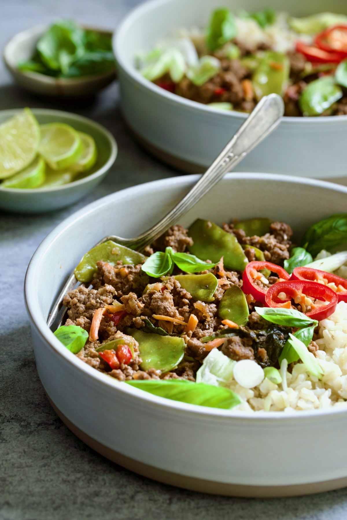 One bowl of Thai Basil Beef with brown rice.